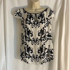 White Sheer Blouse with Black + Navy Blue Design, White House Black Market Small